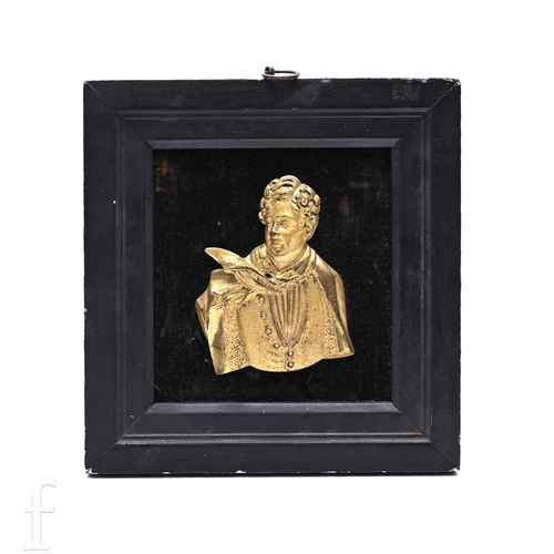 382 - A Victorian gilt metal electrotype bust portrait of Lord Byron, on black velvet mount in ebonised fr... 