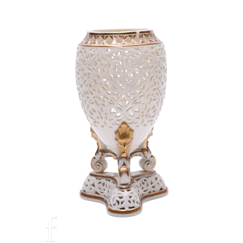 A 19th Century Worcester reticulated vase, gilt detail on a tricorn ...