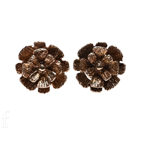 153 - A pair of 9 carat gold earrings of textured flower head design, post and butterfly fittings, hallmar... 