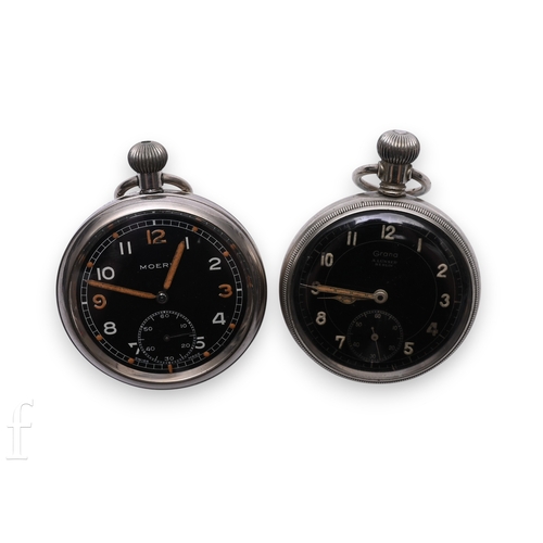 273 - Two mid 20th Century military pocket watches, both with black dials, hourly Arabic numerals and seco... 