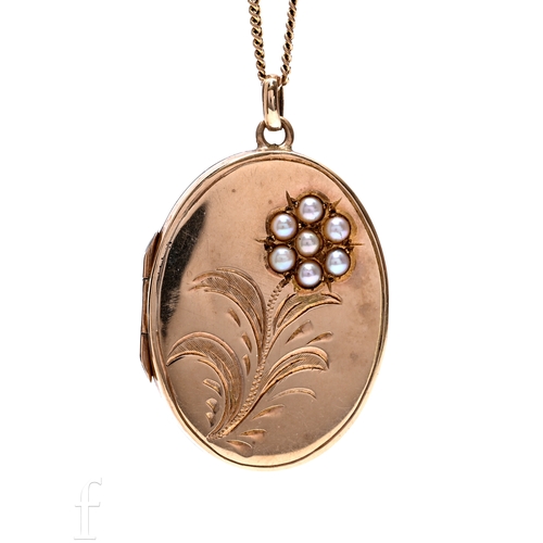 158 - A 9 carat gold and seed pearl locket, the oval locket engraved with a forget-me not flower, the head... 