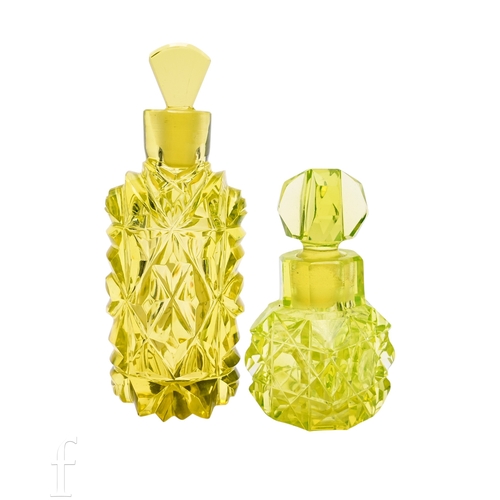 457 - A late 19th Century uranium glass scent bottle, the square body cut with eight pointed star, crucifo... 