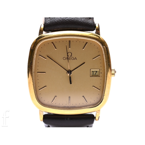 357 - An Omega De Ville wristwatch with quartz movement in a 29mm gold plated square shaped case, with bat... 