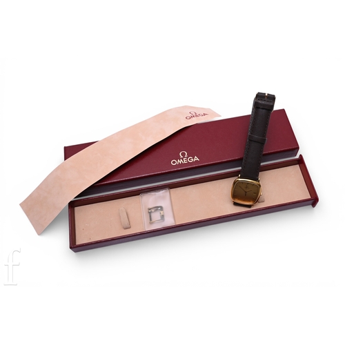 357 - An Omega De Ville wristwatch with quartz movement in a 29mm gold plated square shaped case, with bat... 