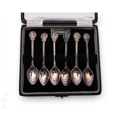 492 - A cased set of six mid 20th Century silver teaspoons, with Viking longship terminals, Chester 1958, ... 