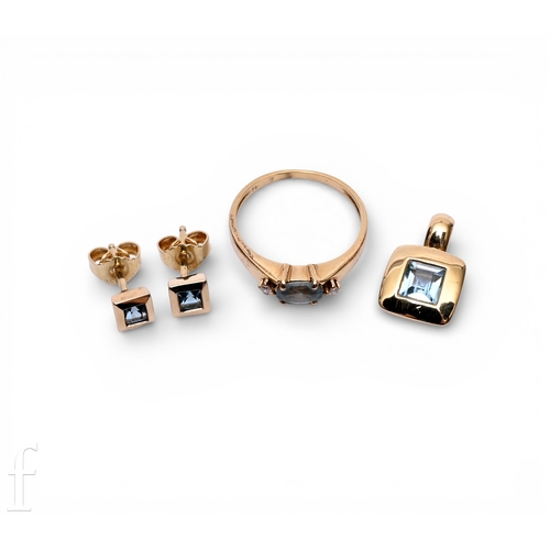 143 - An aquamarine pendant, the step-cut aquamarine within a square polished mount, continental marks, to... 