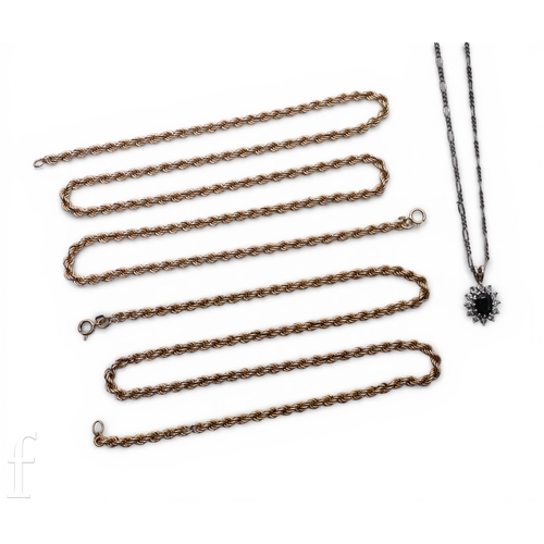 144 - A rope twist necklace, marked 'Italy' and hallmarked for 9 carat gold, total weight 7g, another rope... 