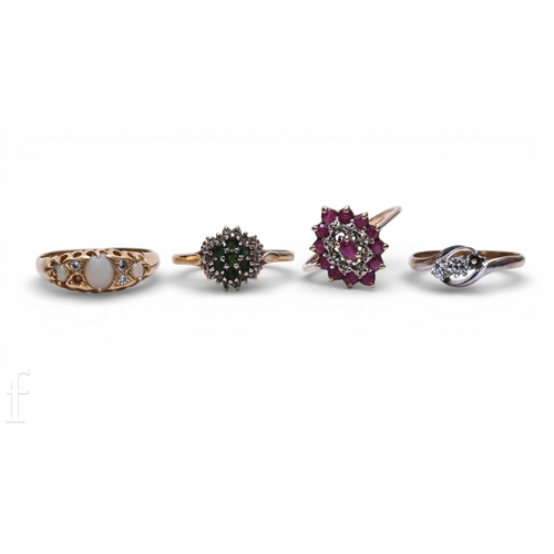 145 - A collection of rings, to include a ruby and diamond cluster ring, total weight 2.2g, ring size N, a... 