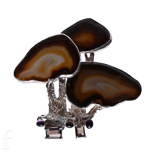 161 - ANNO DOMINI, LEEDS; a contemporary agate, amethyst, and smokey quartz pendant, designed as a three m... 