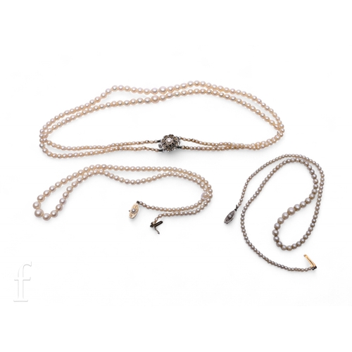 67 - Three rows of early to mid 20th Century cultured pearls, one example with an 18 carat gold clasp, 44... 