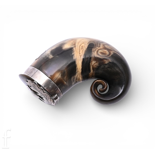 391 - A late Victorian Scottish white metal mounted horn snuff mull, the polished horn applied with a whit... 