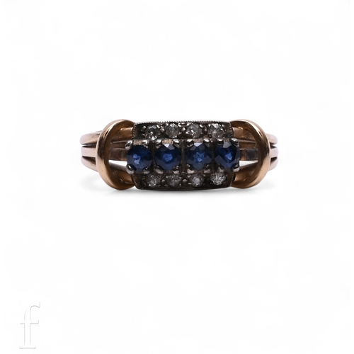 151 - A sapphire and diamond ring, the four circular mixed-cut sapphires claw set above two rows of four o... 