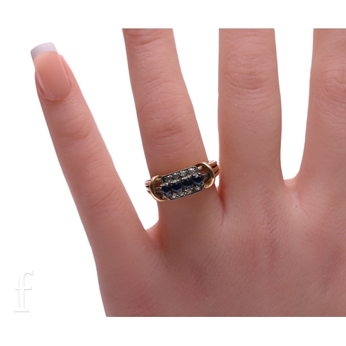 151 - A sapphire and diamond ring, the four circular mixed-cut sapphires claw set above two rows of four o... 