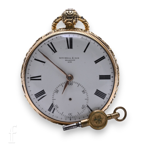 A George IV Mitchell & Son, Glasgow 18ct gold pocket watch with fusee movement, white enamel dial with black Roman numeral markers, minute track border and seconds dial, makers name to dial, case decorated with machined rear and foliate decorated case edge and top, movement and cover engraved with makers marks and numbered 1133, movement with diamond end stone, hallmarked London 1825, case diameter 52mm, total weight 151g, with key.