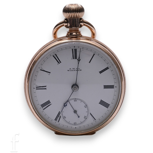 284 - An early 20th Century Waltham, USA 10k open face pocket watch, white enamel dial with black Roman nu... 
