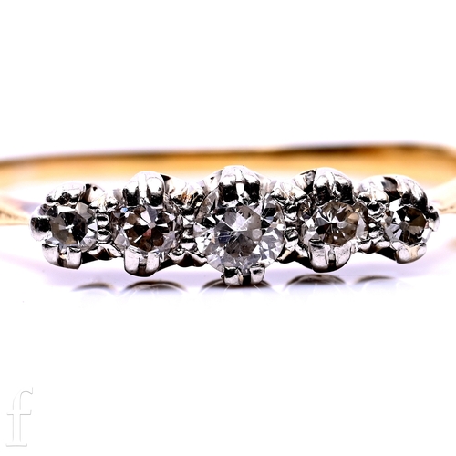 75 - A unmarked yellow metal and diamond five stone ring, ring size Q, unmarked, total weight 2.1g.