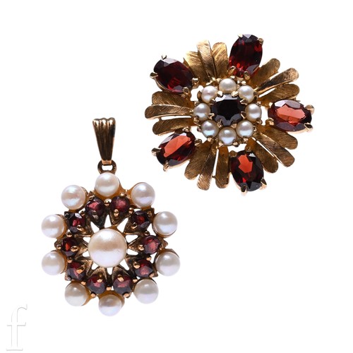 114A - A 9 carat gold, garnet and cultured pearl brooch, set to the centre with a circular mixed-cut garnet... 