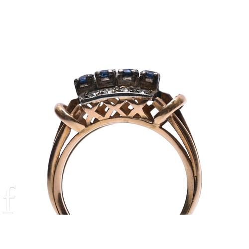 151 - A sapphire and diamond ring, the four circular mixed-cut sapphires claw set above two rows of four o... 