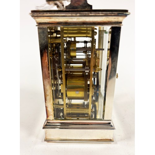 369 - A late 19th Century repeating carriage alarm clock, of rectangular for with electroplated brass body... 