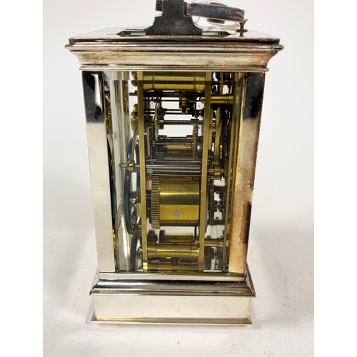 369 - A late 19th Century repeating carriage alarm clock, of rectangular for with electroplated brass body... 