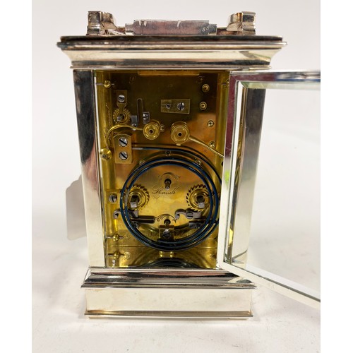 369 - A late 19th Century repeating carriage alarm clock, of rectangular for with electroplated brass body... 