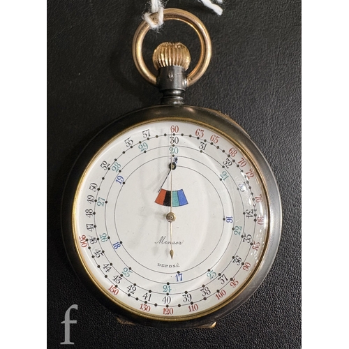 255 - An early 20th Century Mensor double sided chronograph speed indicator pocket watch, in gun metal cas... 
