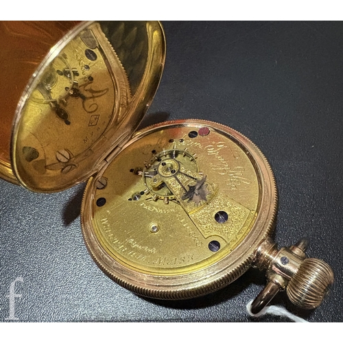 284 - An early 20th Century Waltham, USA 10k open face pocket watch, white enamel dial with black Roman nu... 