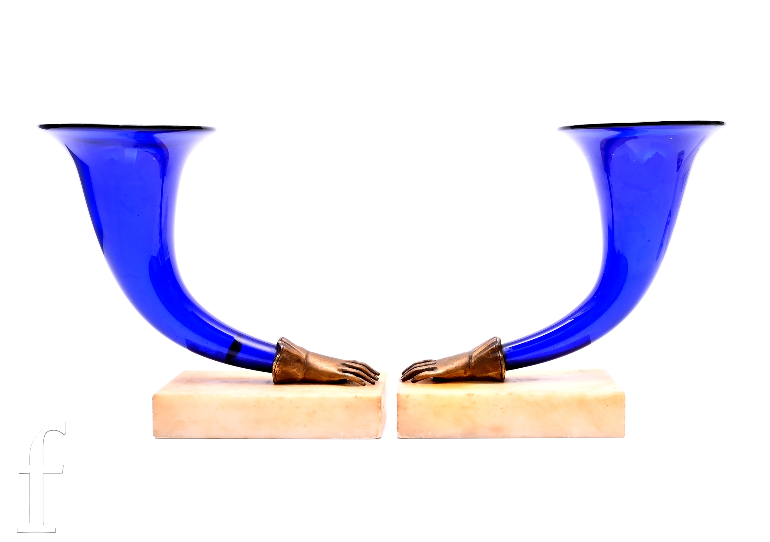 A pair of late Georgian to Regency Bristol blue cornucopia vases of ...