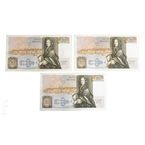 8 - Banknotes - Three Bank of England fifty pound notes, series D pictorial issue, prefixes A01, A06 and... 