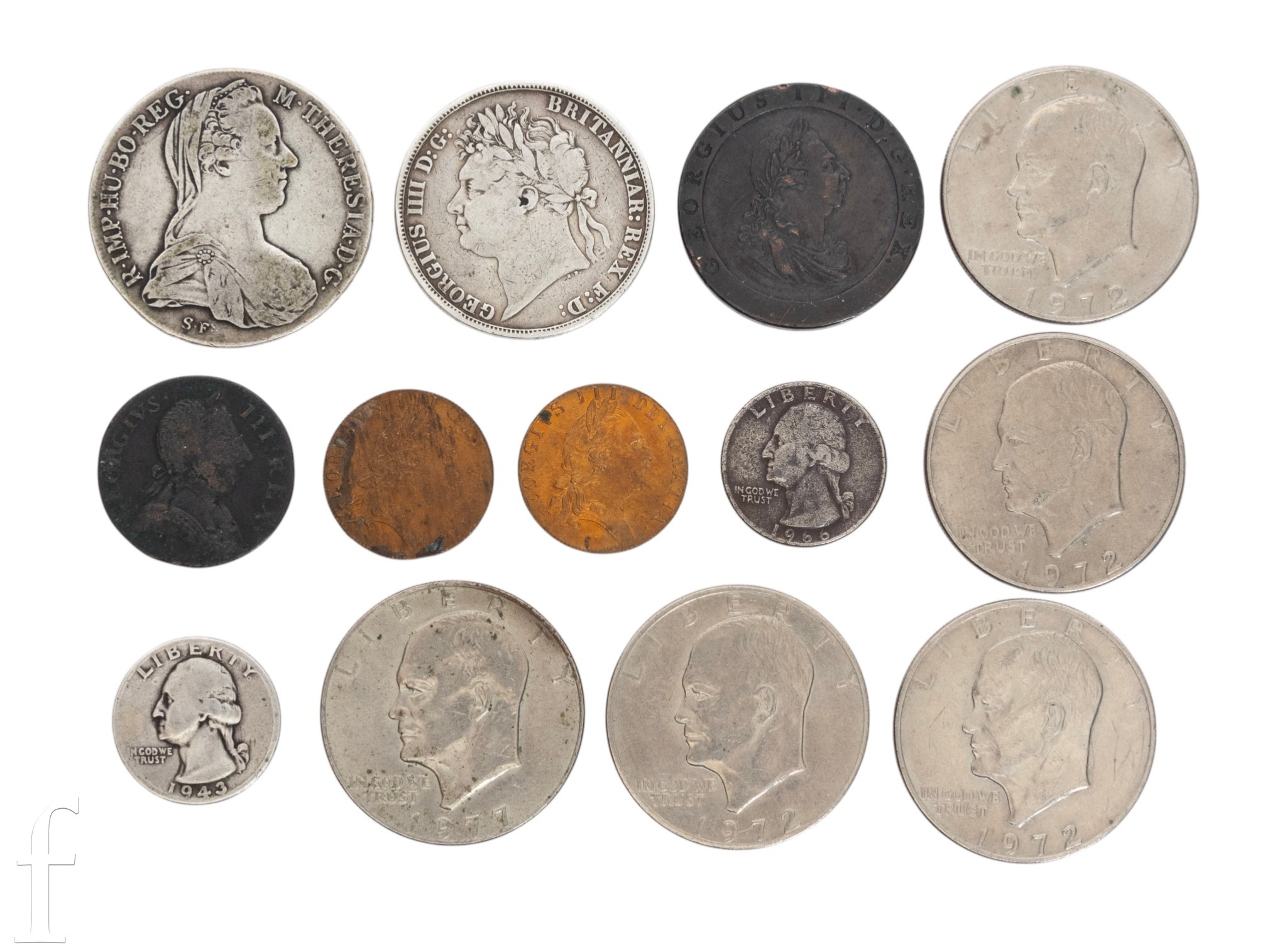 George III to George IV - A crown 1821, a penny 1797, a half penny 1725 ...