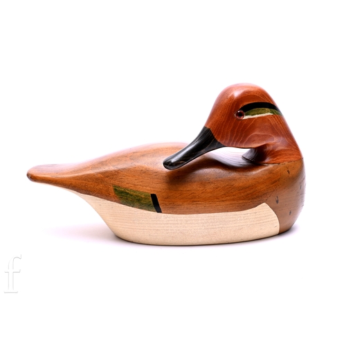 324 - Jim Harkinson (20th century) - A painted wooden model of a Green Winged Teal Duck, ink pen to base S... 