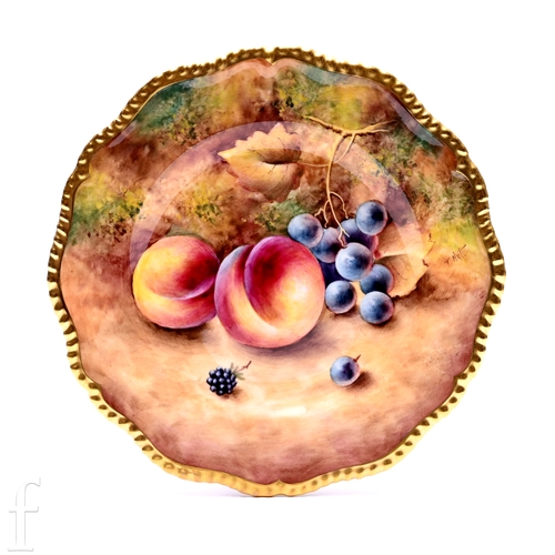 846 - Terence Nutt for Royal Worcester, a fruit painted plate, circa 1975, decorated with peaches, grapes ... 