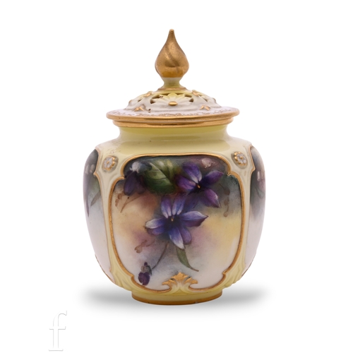 849 - A Hadley's Worcester pot pourri jar and cover, of voice form, four relief moulded panels painted wit... 