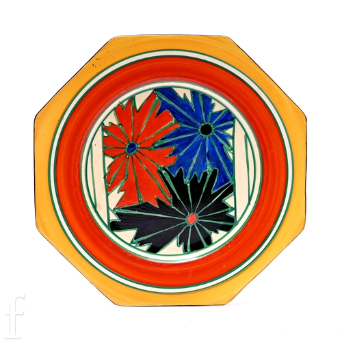 843 - A large Clarice Cliff octagonal plate circa 1929, hand painted in the Umbrellas pattern with a panel... 