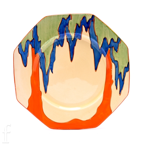 844 - A Clarice Cliff octagonal plate circa 1930, hand painted in the Fantasy Tree pattern with a stylised... 