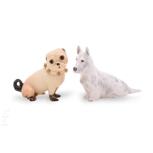 853 - Doris Lindner for Royal Worcester, a white glazed figure of a terrier, circa 1950, modelled sitting,... 