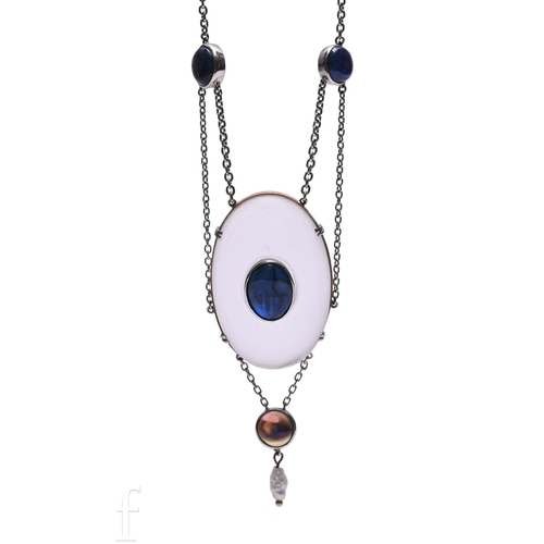 107 - An opal and rock crystal necklace, in the arts and crafts style, the oval domed rock crystal plaque,... 
