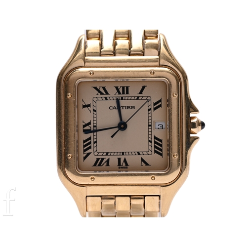 A Cartier 18ct gold Tank Panthere calendar wristwatch, ref. 887968, with quartz movement, 27mm case, the dial with Roman numerals, secret signature at 7 and sword shaped blued steel hands, with cabochon to the crown, serial number 0006**, all to a conforming 18ct brick link bracelet with double fold deployment clasp, the case stamped Cartier 18k and with 750 mark and the clasp with similar markings and also stamped Swiss Made, overall weight 106.9g, complete with an undated Pre-Owned Watches Guarantee card, an aftermarket pouch and a plain generic watch box.
