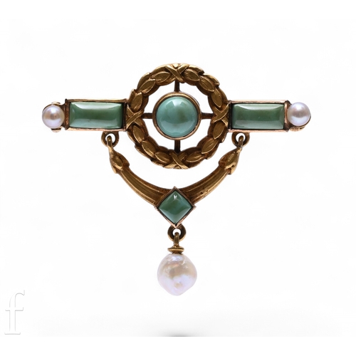 102 - A turquoise, pearl and gold brooch, of articulated design, the brooch pin set to the centre with a c... 