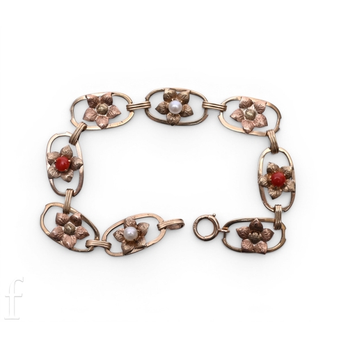 103 - A coral, cultured pearl and gold bracelet, the eight oval mounts, each with a gold flower head to th... 
