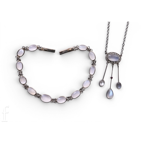 108 - An Arts & Crafts moonstone and silver necklace, circa 1900, the oval cabochon-cut moonstone coll... 