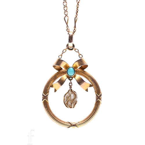 63 - A late Victorian gold, turquoise and pearl pendant, the baroque pearl with in a cage mount, suspende... 