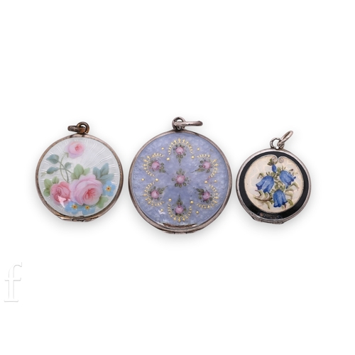 64 - Three enamel on white metal lockets, each hinged opening revealing double apertures, including rose ... 