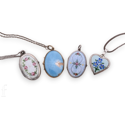 66 - Four enamel on white metal lockets, each floral decorated, one hanging link marked 935, otherwise ap... 