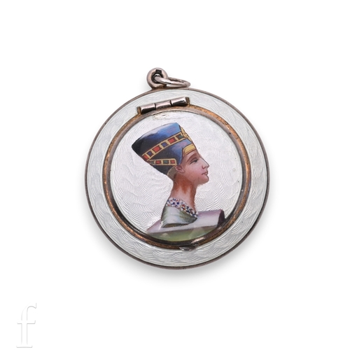 67 - An Art Deco Egyptian revival enamel on gilt metal compact mirror necklace, possibly Austrian, of cir... 