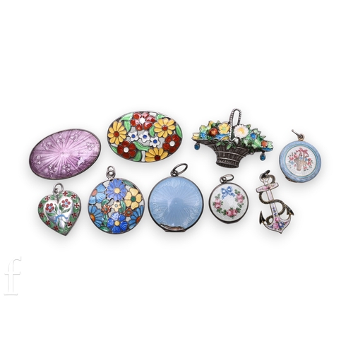 70 - A collection of enamelled silver pendants, lockets and brooches, including A H Darby & Sons circ... 