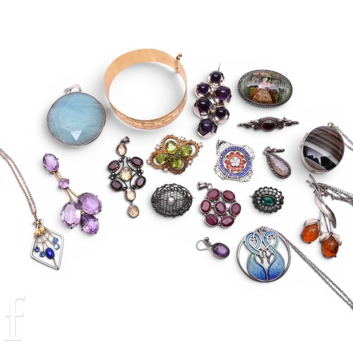 74 - A collection of 925 silver and costume jem set brooches and pendants, including Mexican amethyst set... 