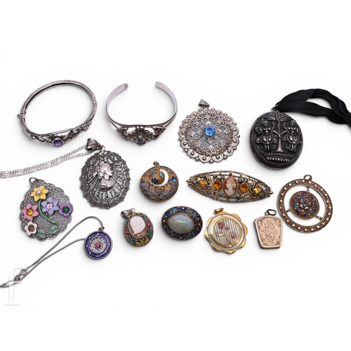 79 - A parcel lot to include .925 silver floral design bangle, silver and enamel framed cameo pendant, si... 