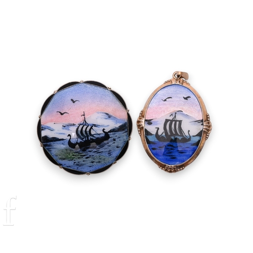 96 - A Norwegian enamelled brooch/pendant, the circular mount enamelled with a Viking boat scene, marked ... 