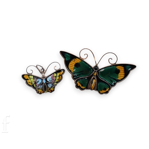 99 - A David Anderson green and yellow guilloche enamelled butterfly brooch, with blue enamelled head, ma... 